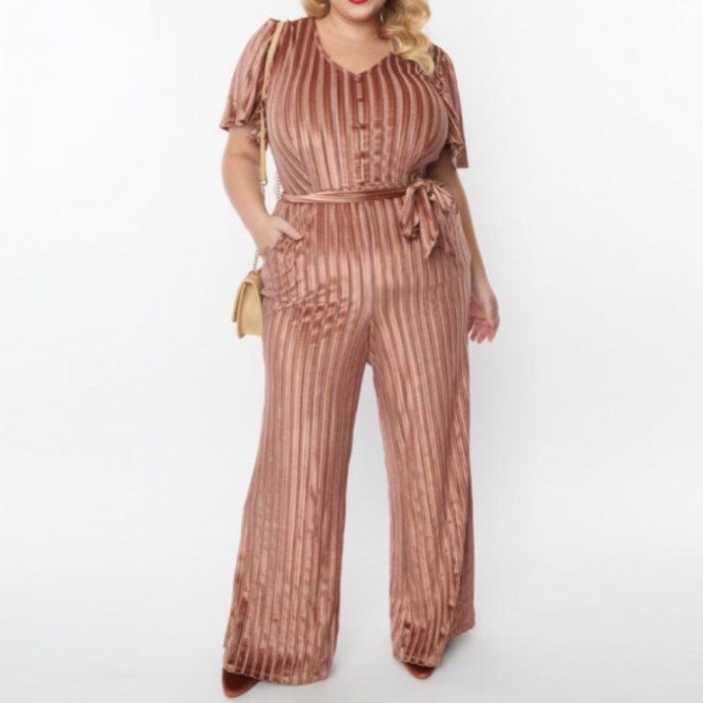 Unique Vintage Crushed Velvet Multi Orange Striped Short Ruffled Sleeve Jumpsuit